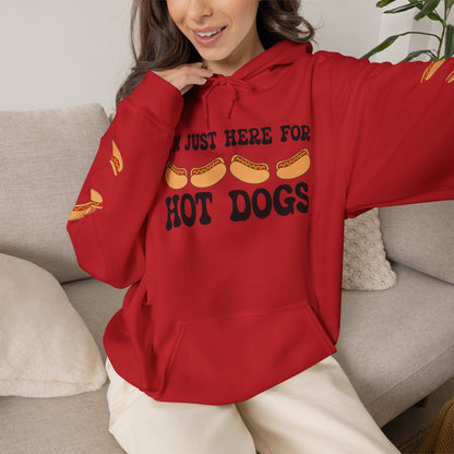 Im Just Here for the Hot Dogs Sleeve Print Hoodie | Hot Dog Lover Gift Black