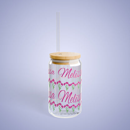 January Birthday Carnation Floral Personalized Sipper Glass Bamboo Lid