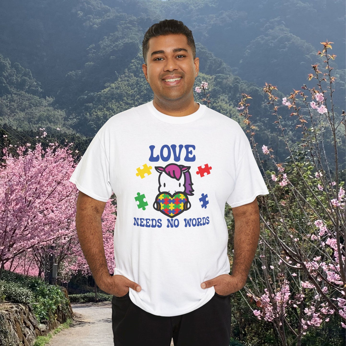 Unicorn Puzzle Heart Graphic Love Needs No Words Autism Awareness Unisex T Shirt