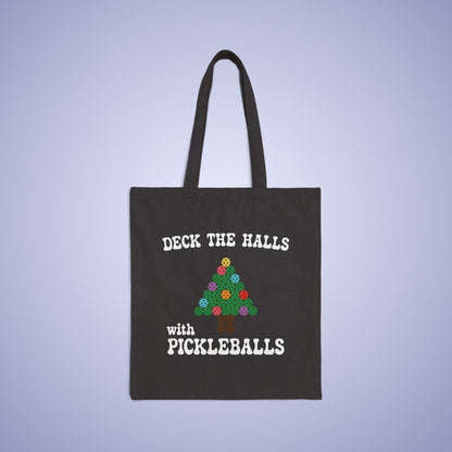Deck the Halls with Pickleballs Christmas Black Pickleball Cotton Canvas Gift Tote Bag