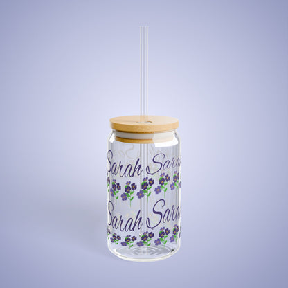 February Birthday Primrose Floral Personalized Sipper Glass Bamboo Lid