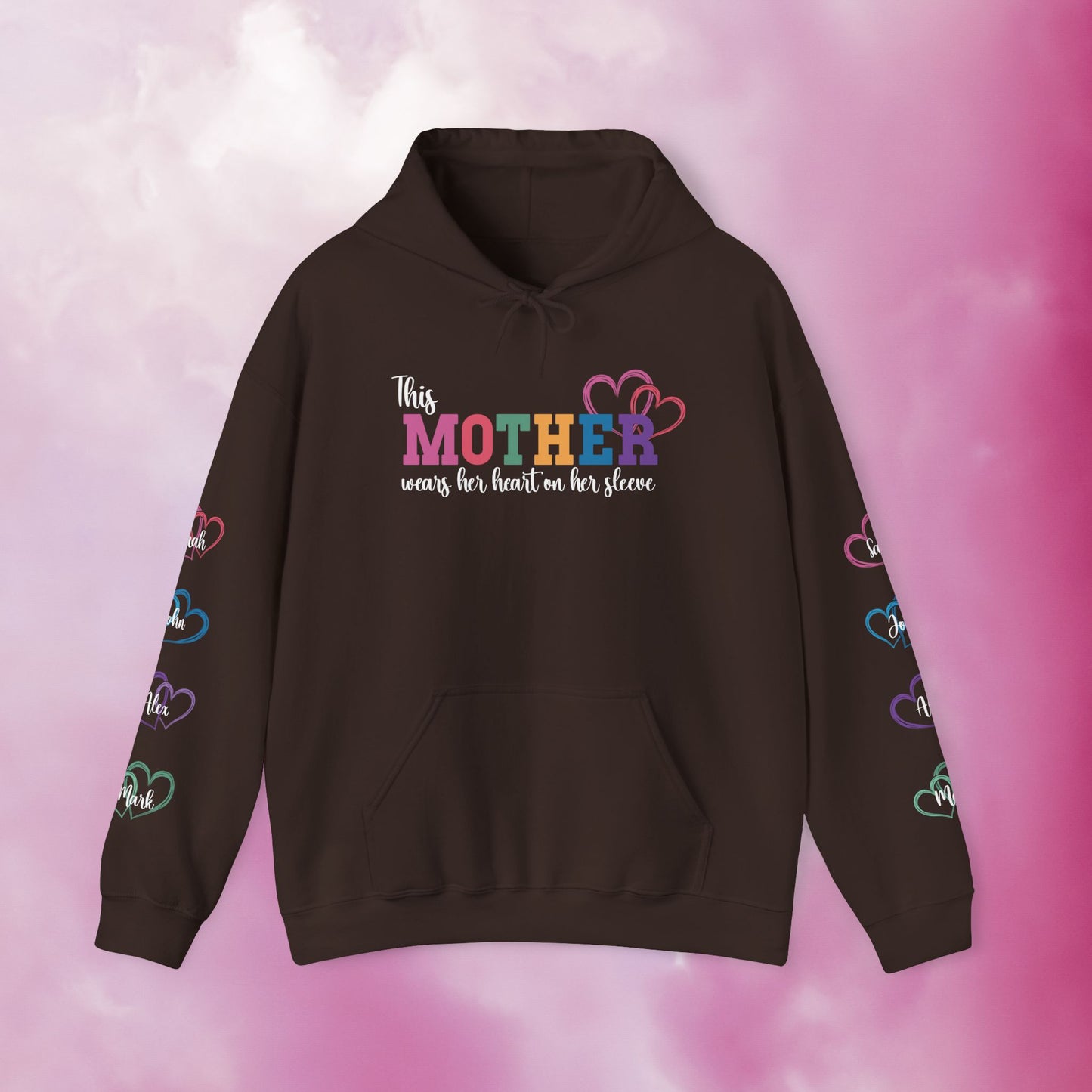 This Mother Wears Her Heart on Her Sleeve Personalized White Mothers Day Gift Hoodie Sweatshirt