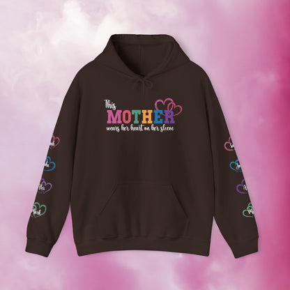 This Mother Wears Her Heart on Her Sleeve Personalized White Mothers Day Gift Hoodie Sweatshirt
