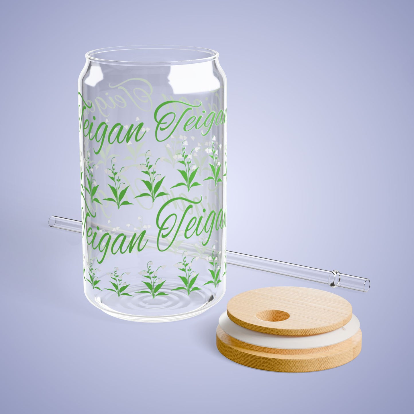 May Birthday Lily of the Valley Floral Personalized Sipper Glass Bamboo Lid