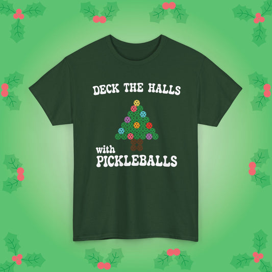 Deck the Halls with Pickleballs T Shirt Green Graphic Design Christmas Pickleball Gift