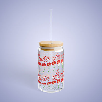 August Birthday Poppy Floral Personalized Sipper Glass Bamboo Lid