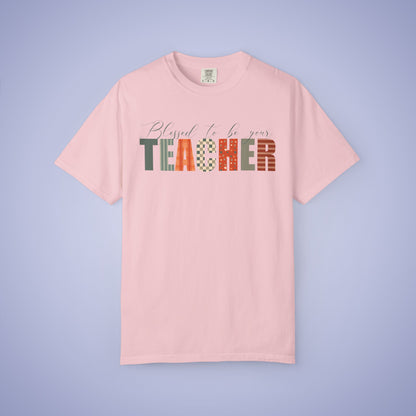 Blessed to be Your Teacher White Thanksgiving Patterned Word Art Comfort T Shirt Unisex