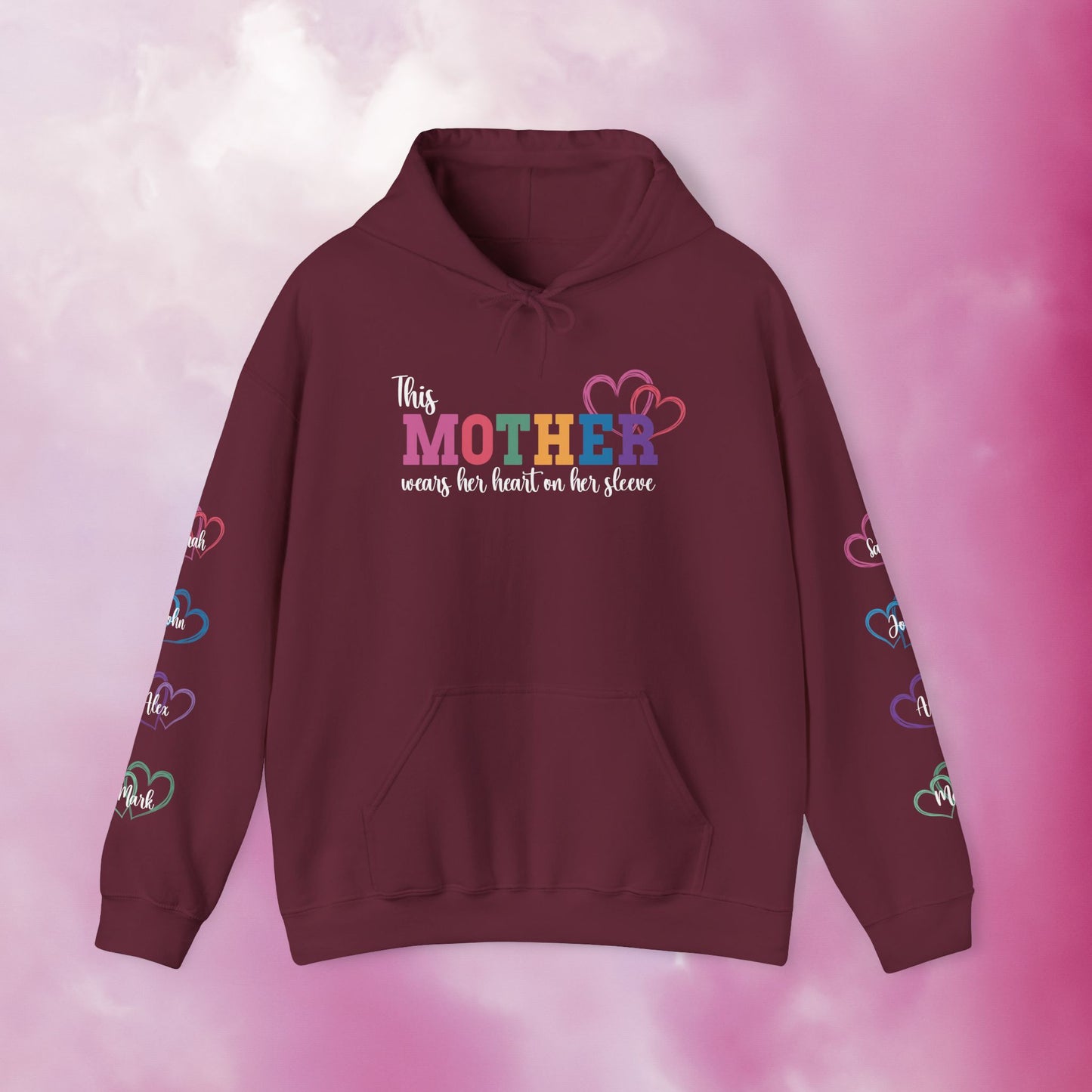 This Mother Wears Her Heart on Her Sleeve Personalized White Mothers Day Gift Hoodie Sweatshirt