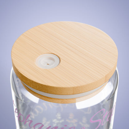 July Birthday Larkspur Floral Personalized Sipper Glass Bamboo Lid