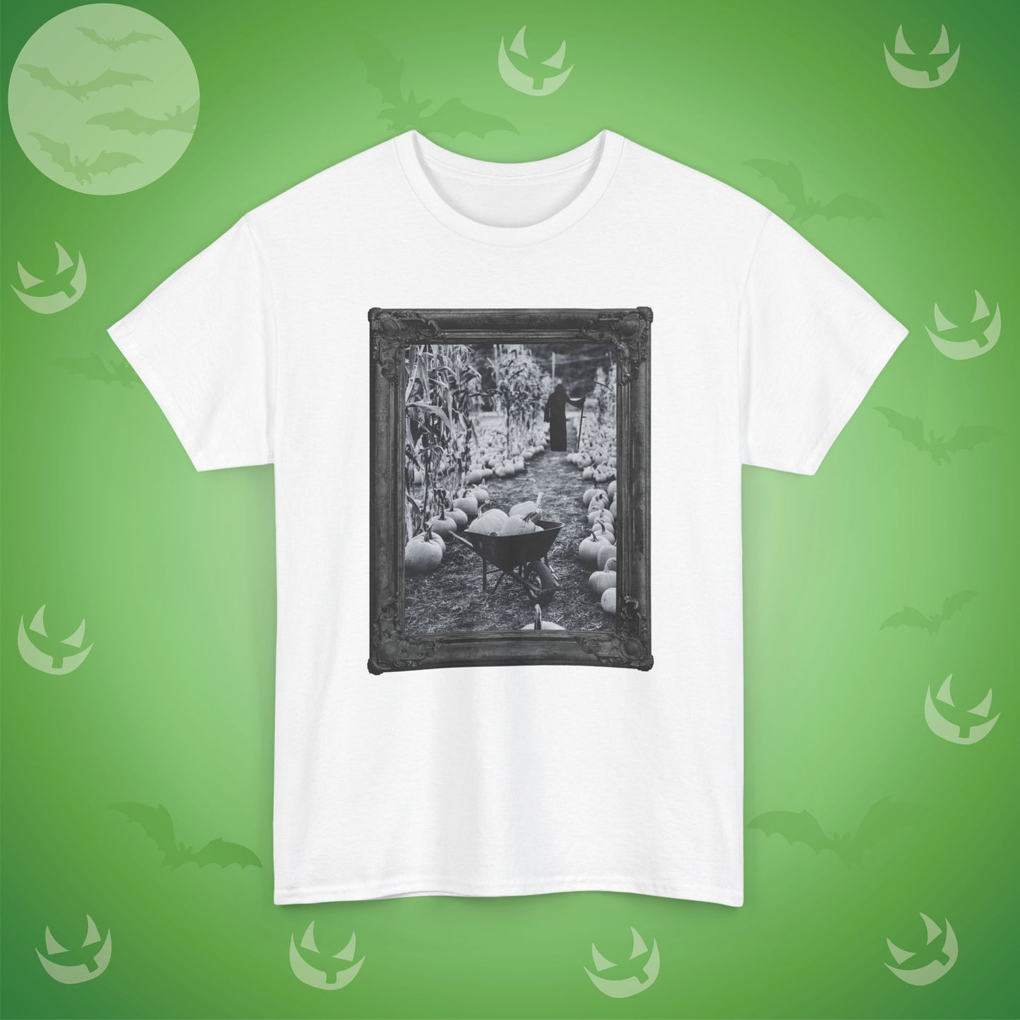 A Reaper in the Pumpkin Patch Spooky Halloween T-Shirt | Photographic Design