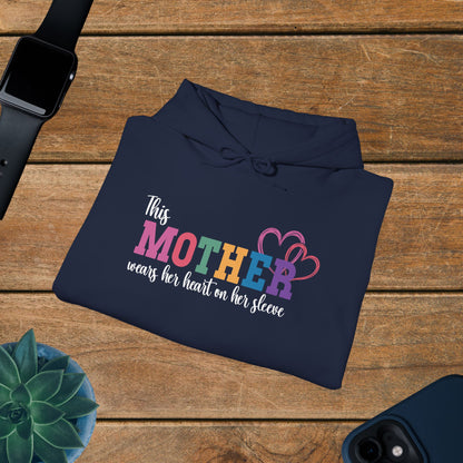 This Mother Wears Her Heart on Her Sleeve Personalized White Mothers Day Gift Hoodie Sweatshirt