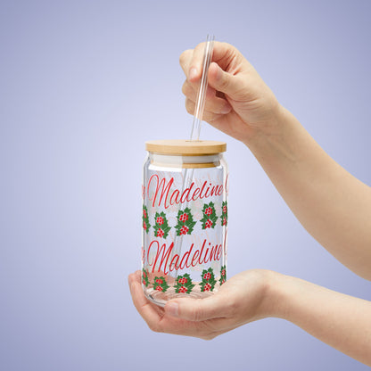 December Birthday Holly Floral Personalized Sipper Glass Bamboo Lid