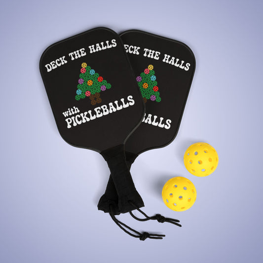 Deck the Halls with Pickleballs Christmas Black Pickleball Paddle Set Gift