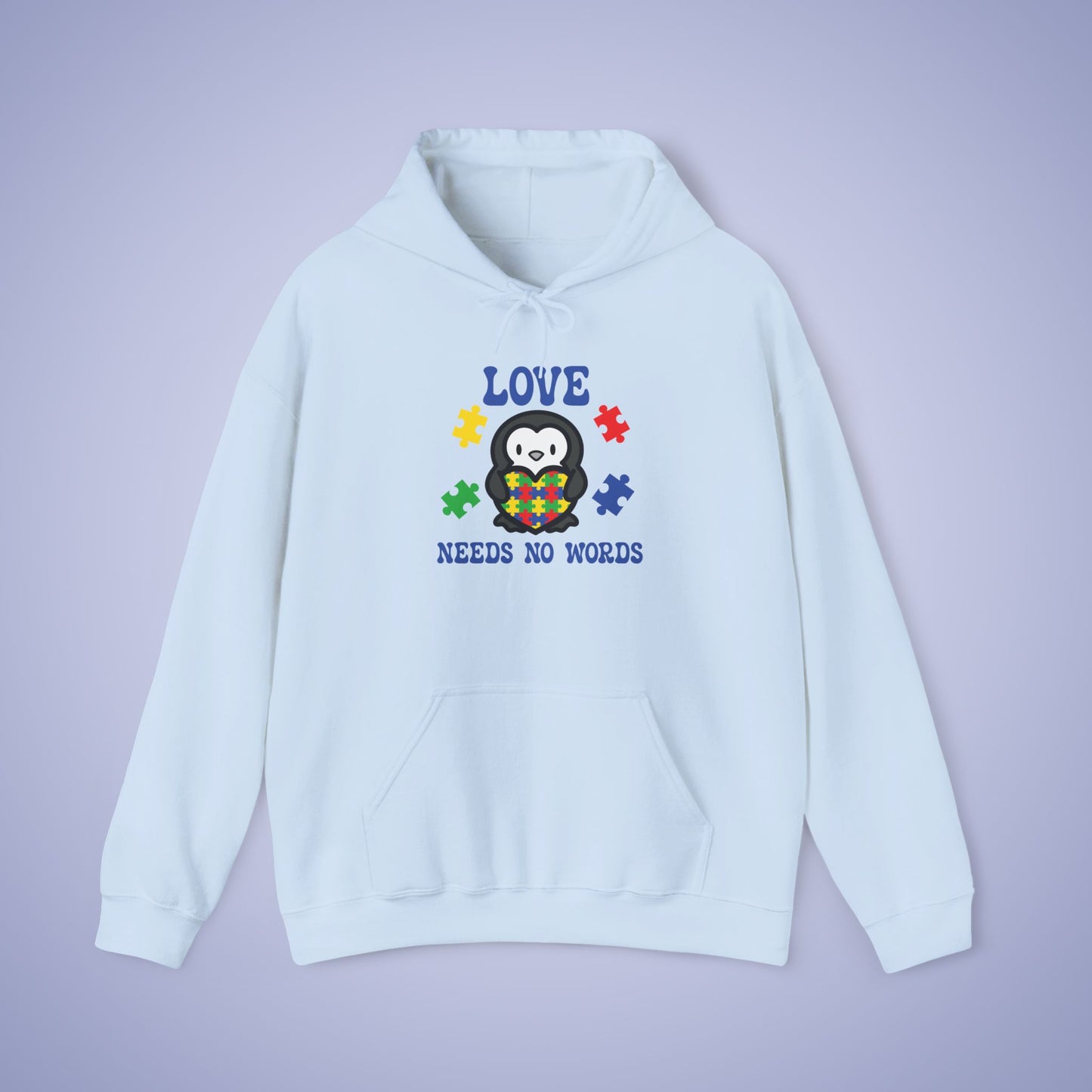 Love Needs No Words Penguin Lover Graphic Autism Awareness Hoodie Unisex