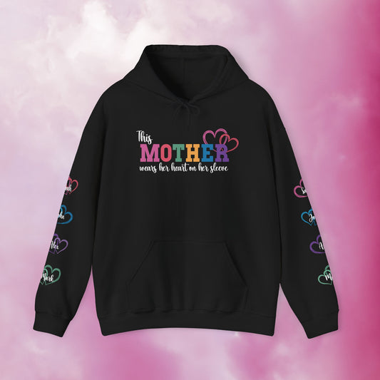 This Mother Wears Her Heart on Her Sleeve Personalized White Mothers Day Gift Hoodie Sweatshirt