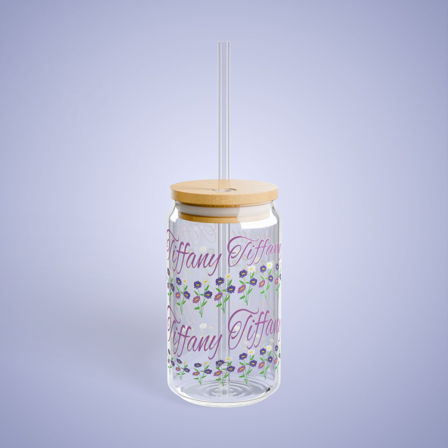 September Birthday Aster Daisy Floral Personalized Sipper Glass Bamboo Lid