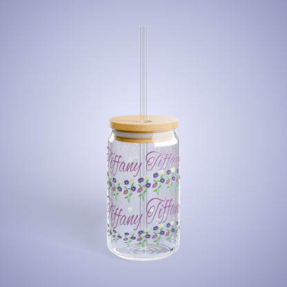 September Birthday Aster Daisy Floral Personalized Sipper Glass Bamboo Lid