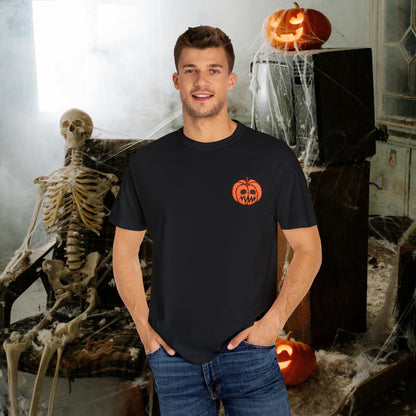 Embroidered Pocket Jackolantern Worried Face Halloween Pumpkin Comfort T Shirt Unisex