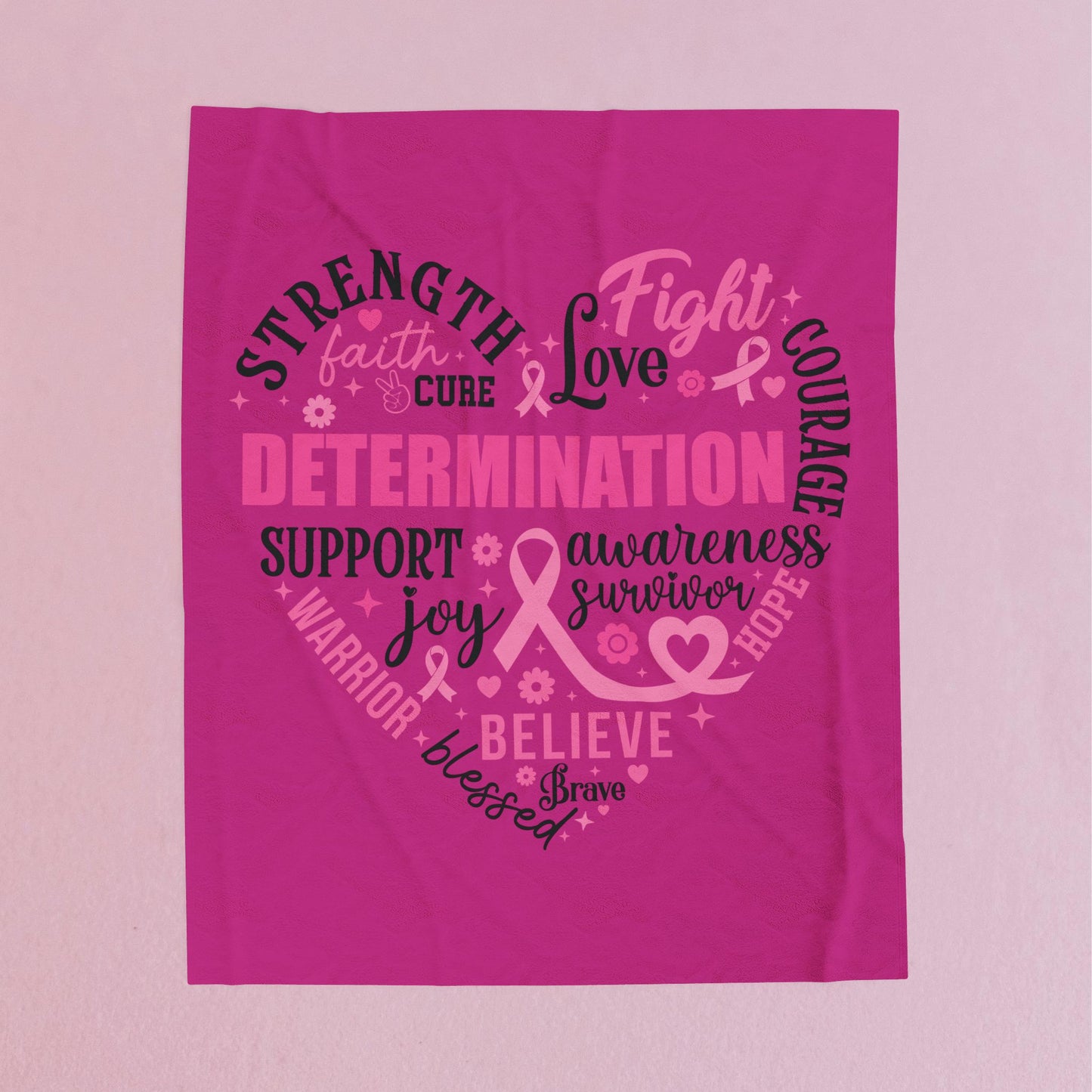 Heart Full of Fight Breast Cancer Awareness Pink Velveteen Plush Blanket 3 Sizes Chemotherapy Gift