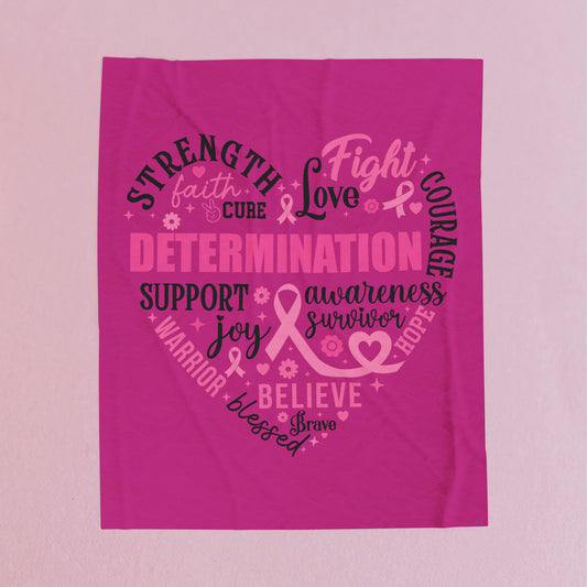 Heart Full of Fight Breast Cancer Awareness Pink Velveteen Plush Blanket 3 Sizes Chemotherapy Gift