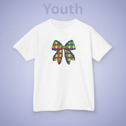 Coquette Puzzle Piece Bow Graphic Autism Awareness Cotton Youth T Shirt