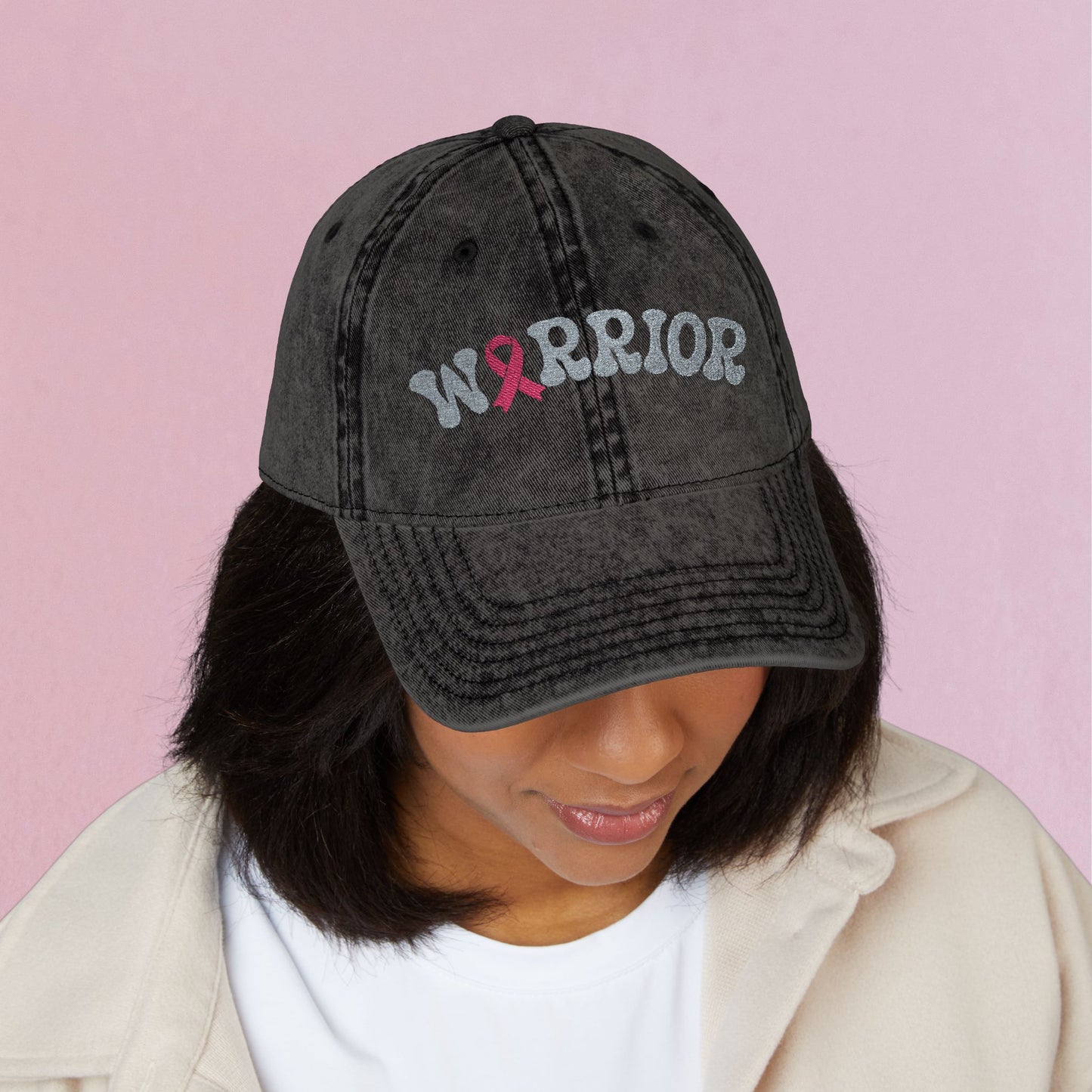Warrior Embroidered Breast Cancer Awareness Unisex Distressed Cap Gift Black