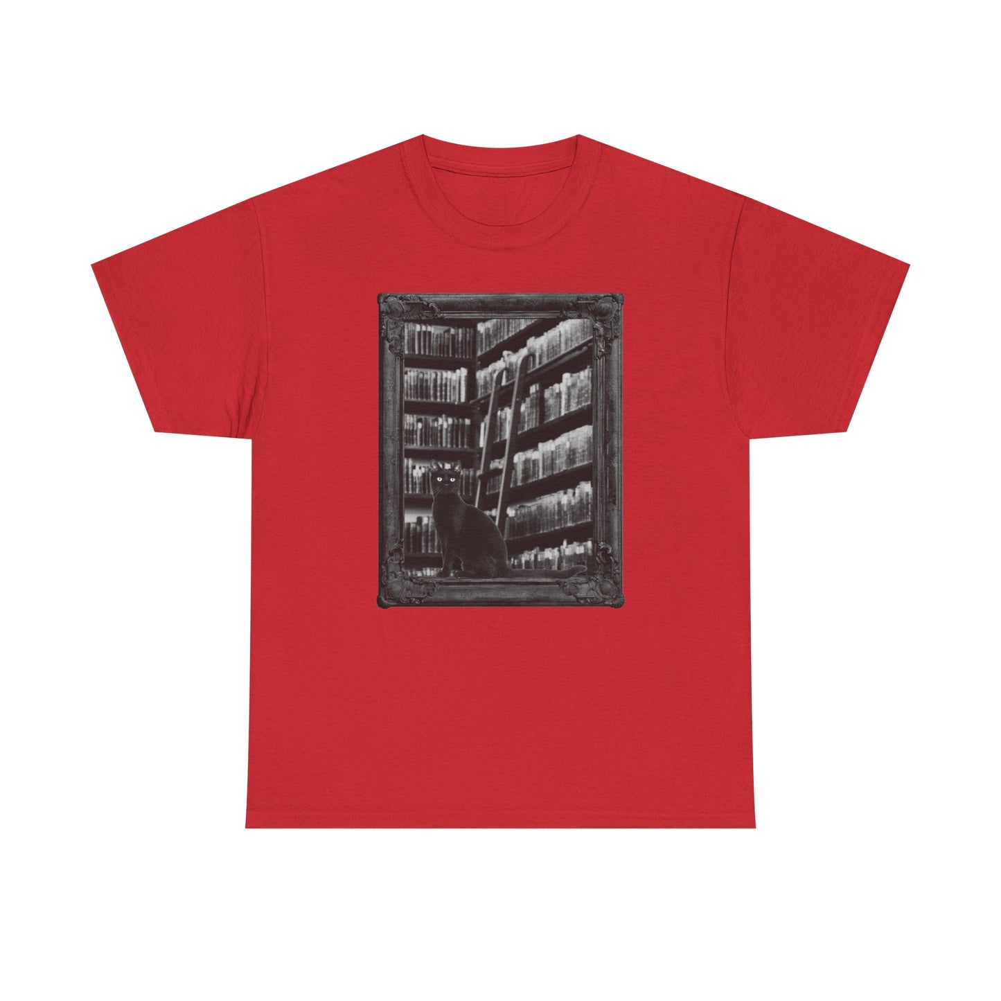 Black Cat Spooky Library Halloween T-Shirt | Book Lover Photographic Design