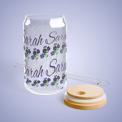 February Birthday Primrose Floral Personalized Sipper Glass Bamboo Lid