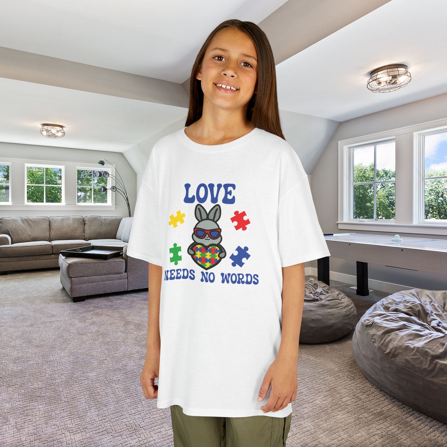 Love Needs No Words Rabbit Graphic Autism Awareness Cotton Youth T Shirt