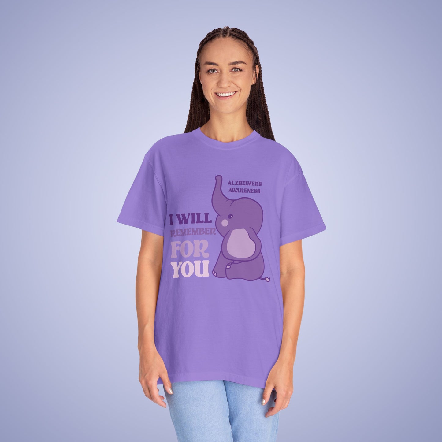 I Will Remember For You Purple Elephant Alzheimers Awareness Comfort Colors T Shirt Unisex