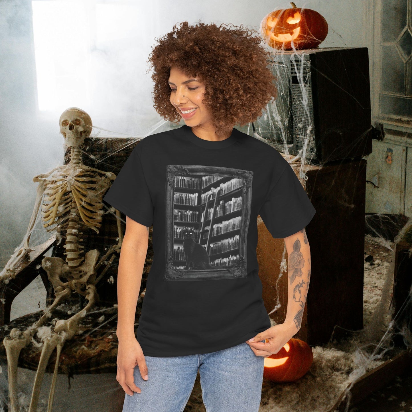 Black Cat Spooky Library Halloween T-Shirt | Book Lover Photographic Design
