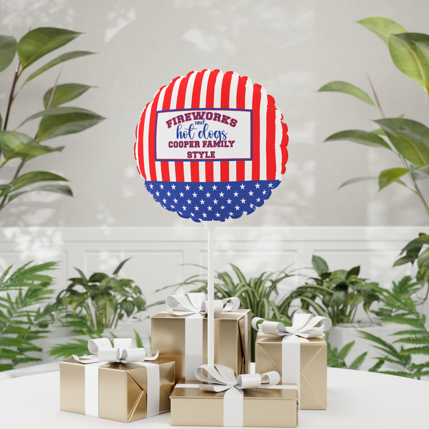 Fireworks and Hot Dogs Personalized Patriotic July 4th Home Decor Party Round Balloon USA Flag