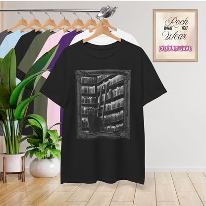 Black Cat Spooky Library Halloween T-Shirt | Book Lover Photographic Design