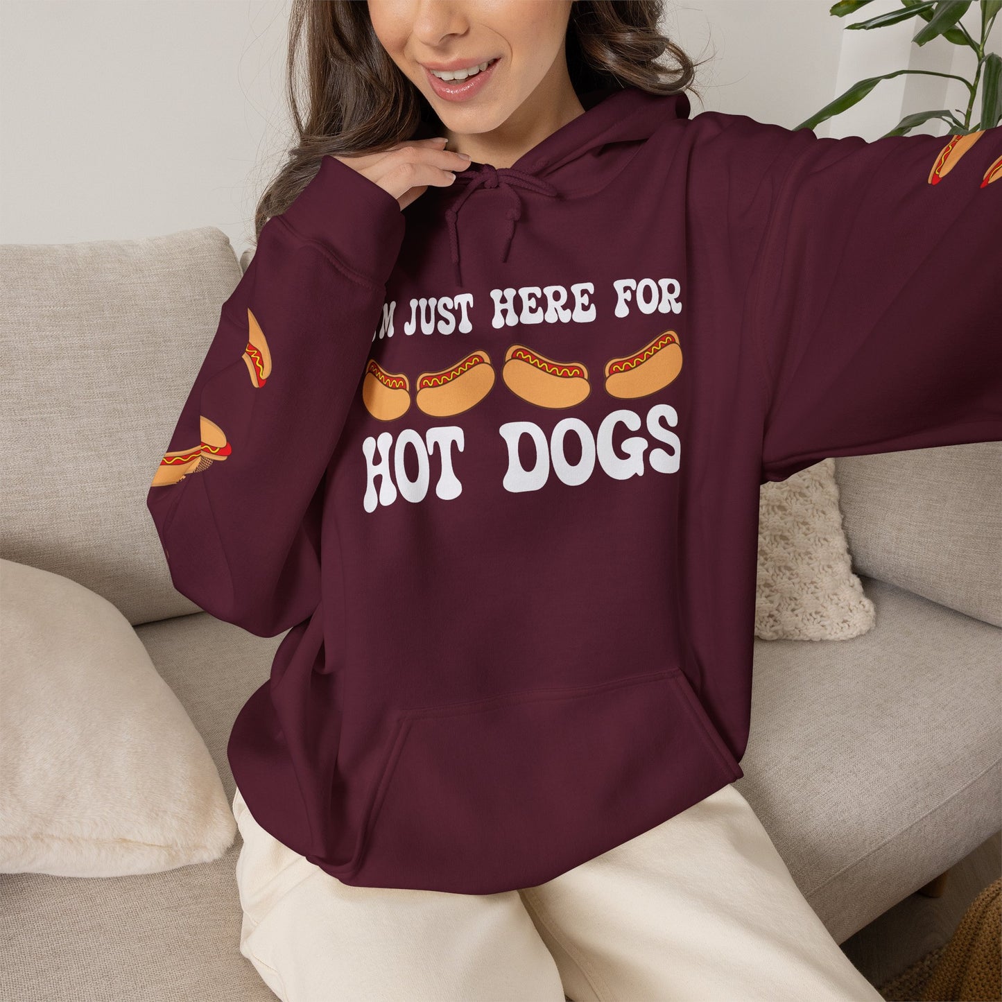 Im Just Here for the Hot Dogs Sleeve Print Hoodie | Hot Dog Lover Gift White
