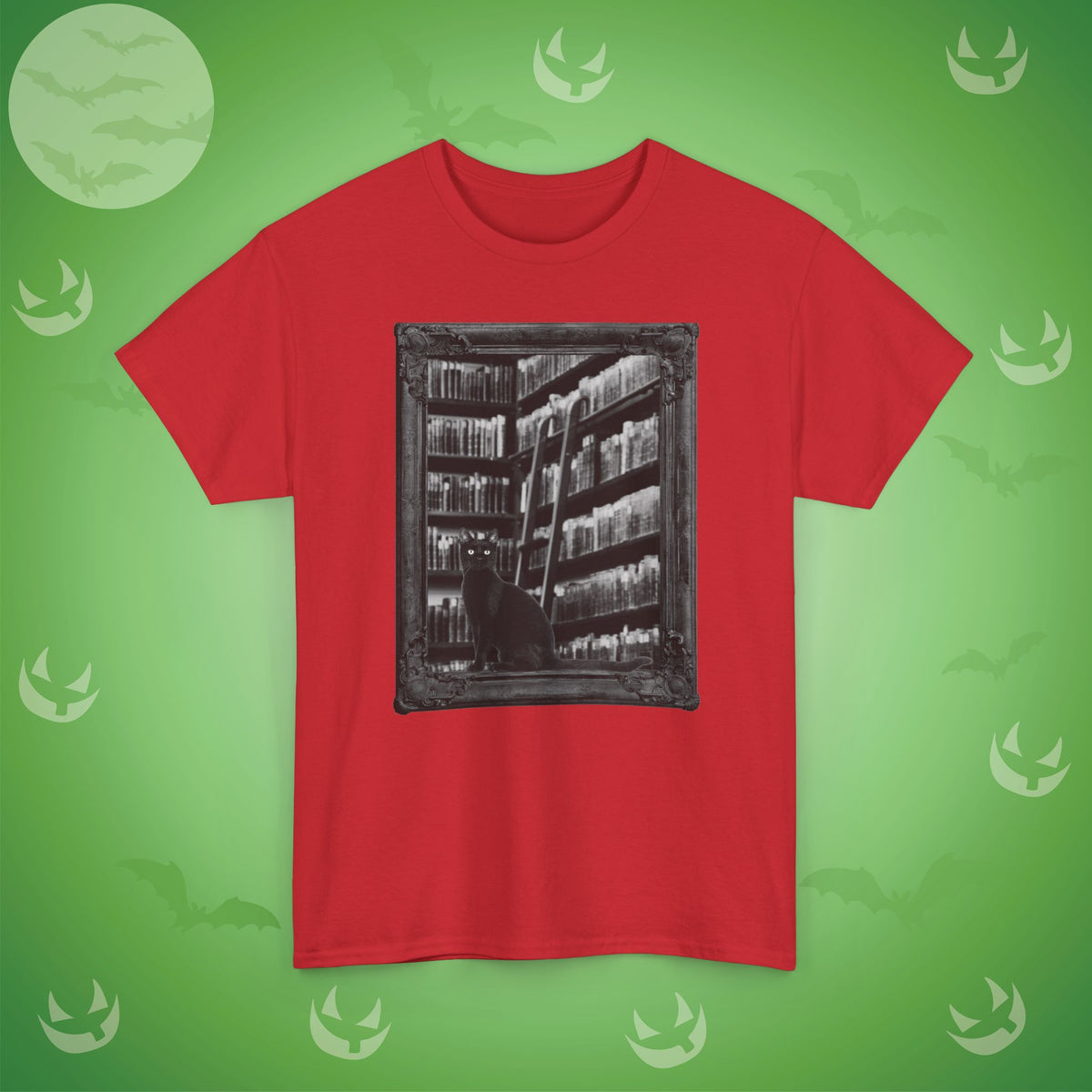 Black Cat Spooky Library Halloween T-Shirt | Book Lover Photographic Design