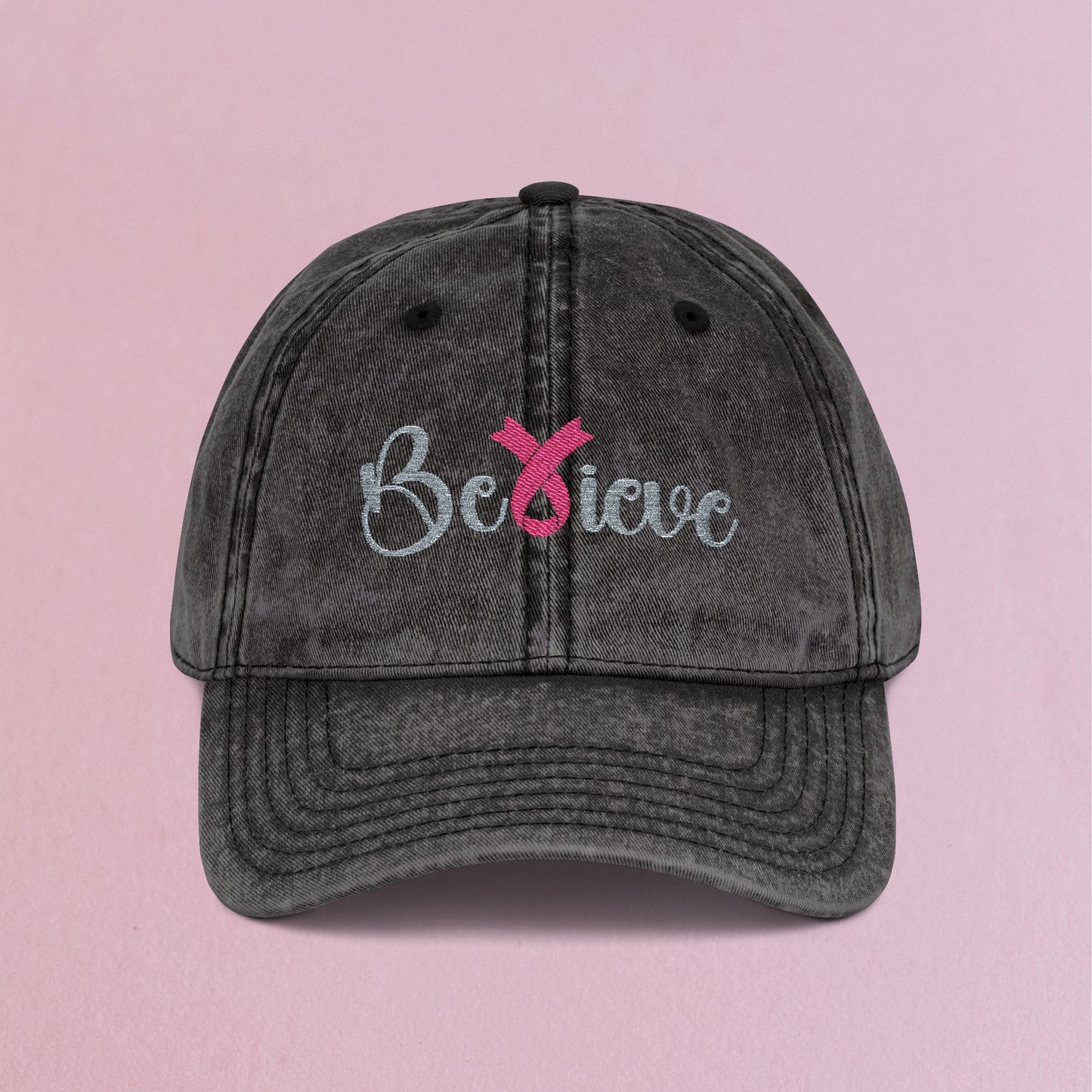 Believe Embroidered Breast Cancer Awareness Unisex Distressed Cap Gift Black