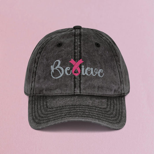 Believe Embroidered Breast Cancer Awareness Unisex Distressed Cap Gift Black
