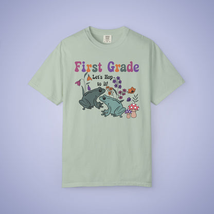 First Grade Lets Hop To It Teacher T Shirt Frogs Comfort Colors Unisex Back to School