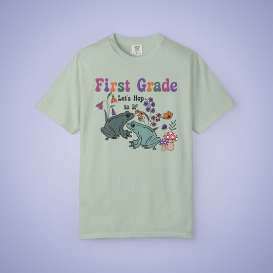 First Grade Lets Hop To It Teacher T Shirt Frogs Comfort Colors Unisex Back to School