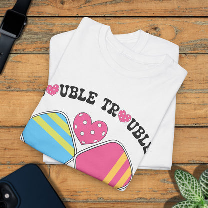 Double Trouble Pickleball T Shirt Retro Couple Matching Pink Graphic Design
