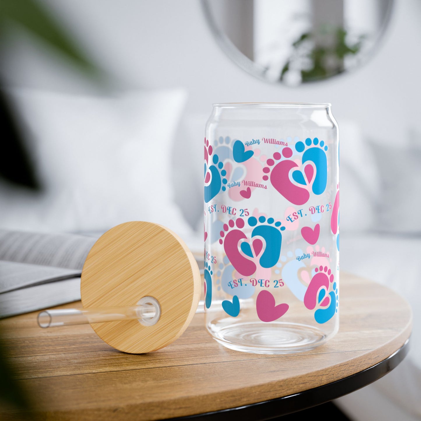 Pregnancy Announcement Gender Reveal Personalized Sipper Glass Bamboo Lid