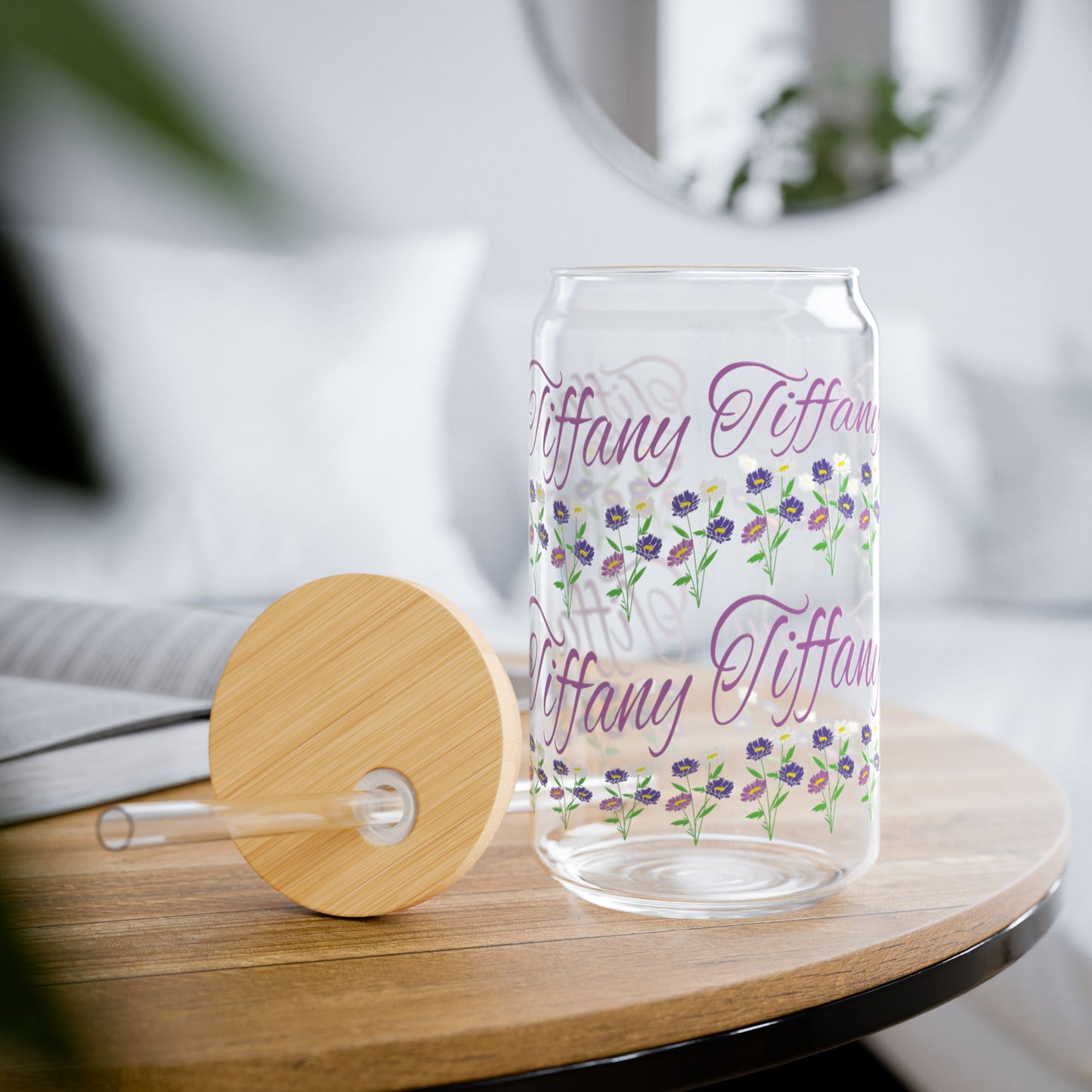 September Birthday Aster Daisy Floral Personalized Sipper Glass Bamboo Lid