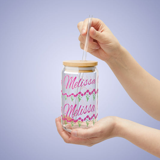 January Birthday Carnation Floral Personalized Sipper Glass Bamboo Lid