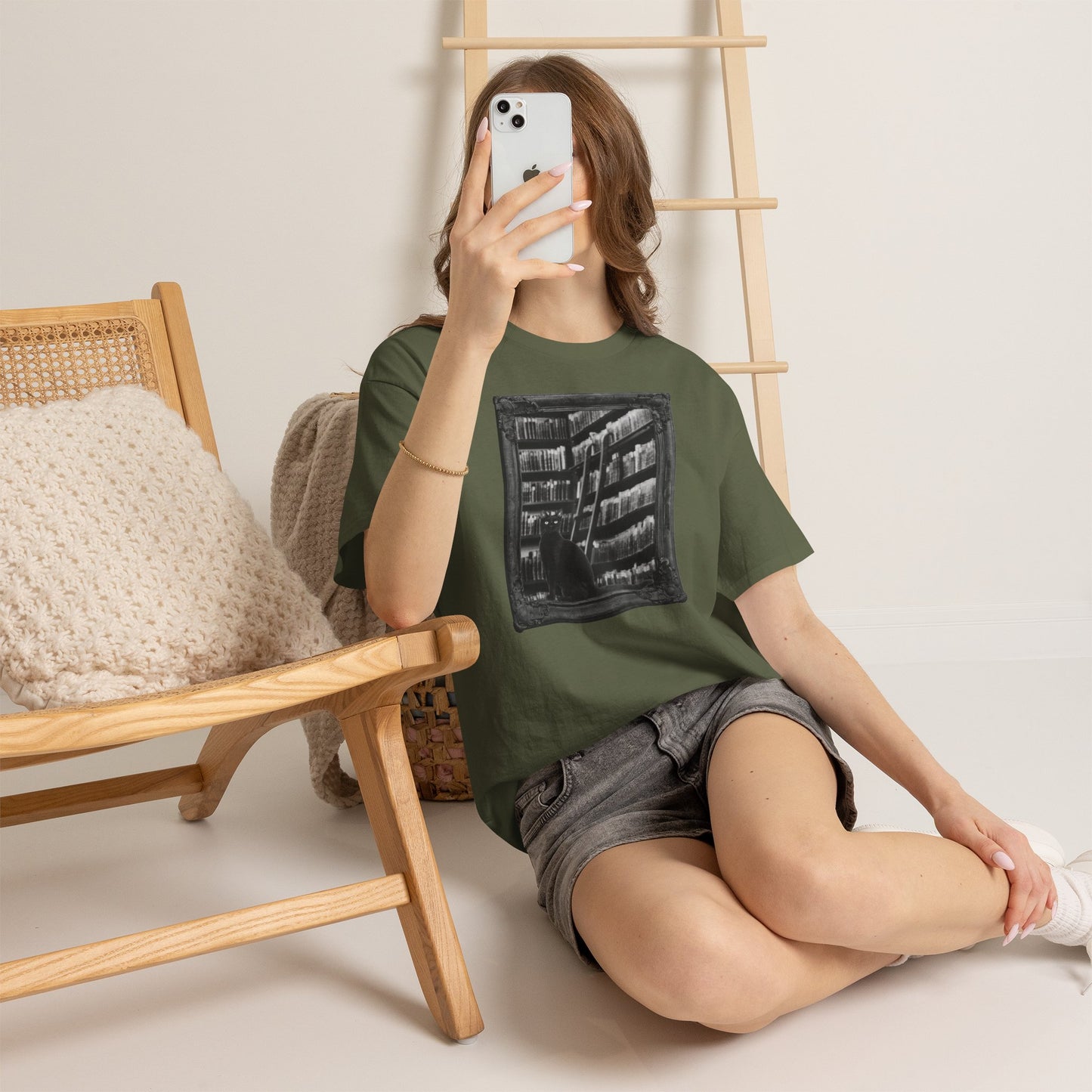 Black Cat Spooky Library Halloween T-Shirt | Book Lover Photographic Design