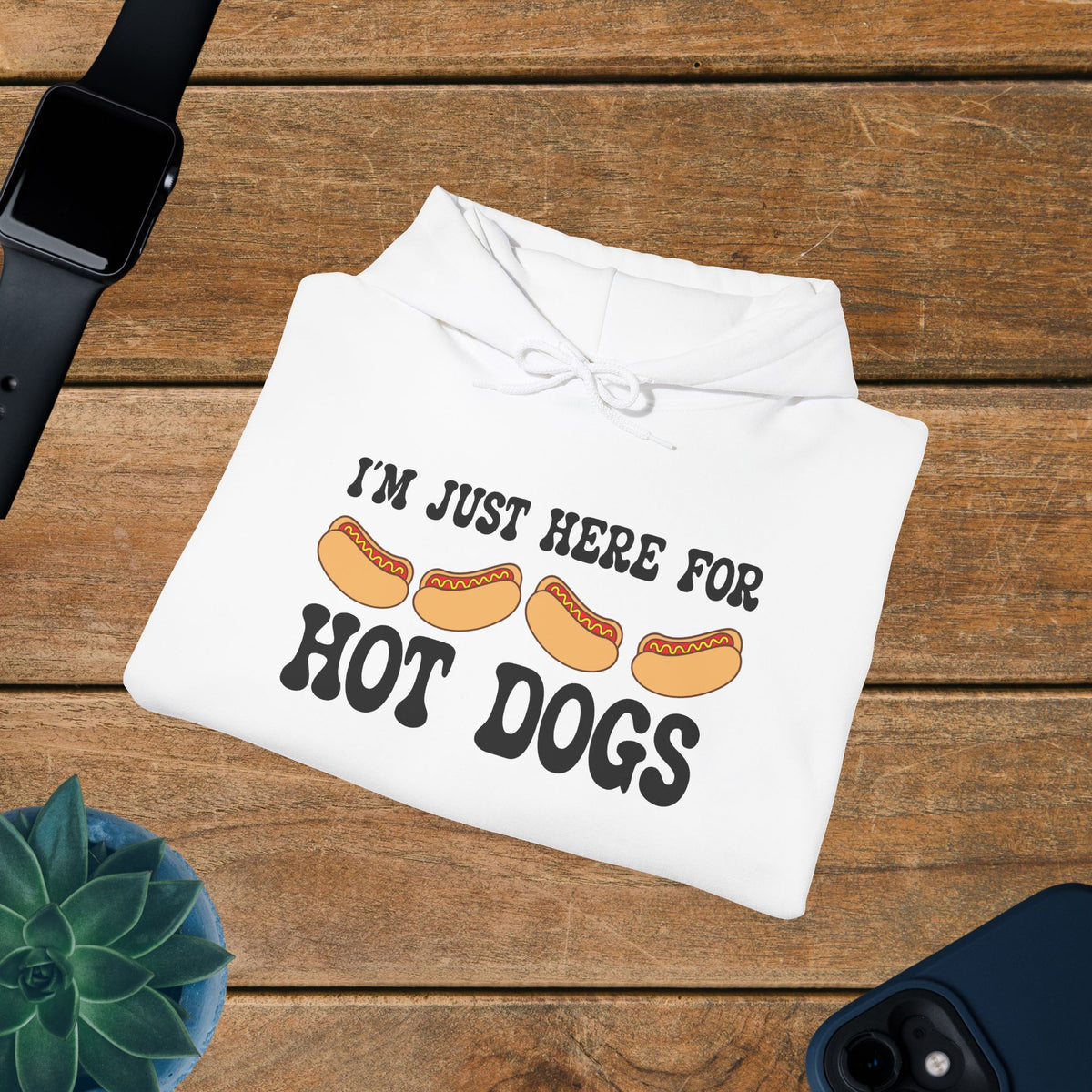 Im Just Here for the Hot Dogs Sleeve Print Hoodie | Hot Dog Lover Gift Black