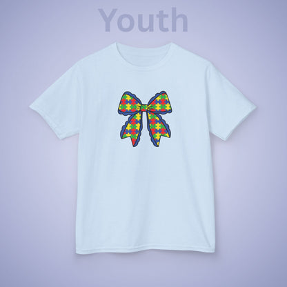 Coquette Puzzle Piece Bow Graphic Autism Awareness Cotton Youth T Shirt