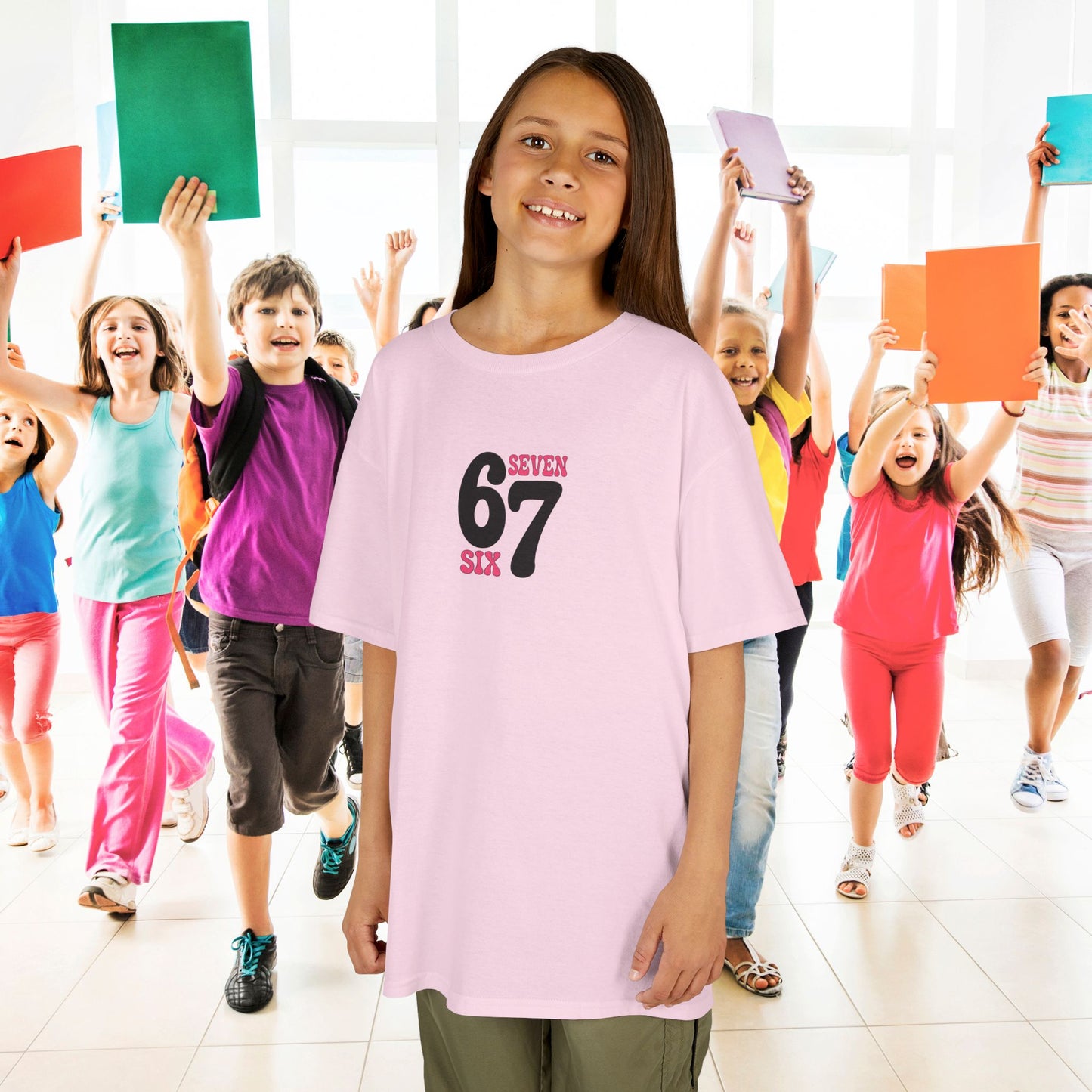 Pink Words & Numbers 67 Tee Fun Trending Kids Cotton T Shirt Six Seven Youth