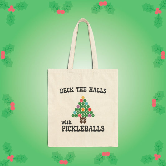 Deck the Halls with Pickleballs Pickleball Tote Bag | Christmas Cotton Gift Cream