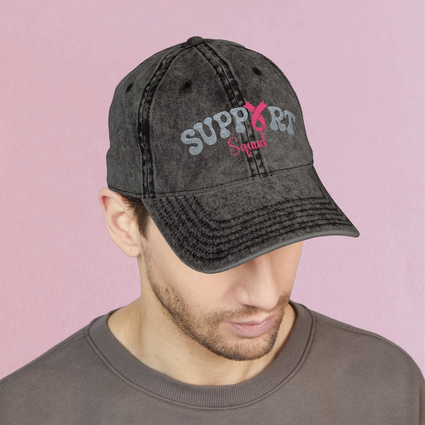 Support Squad Embroidered Breast Cancer Awareness Unisex Distressed Cap Gift Black