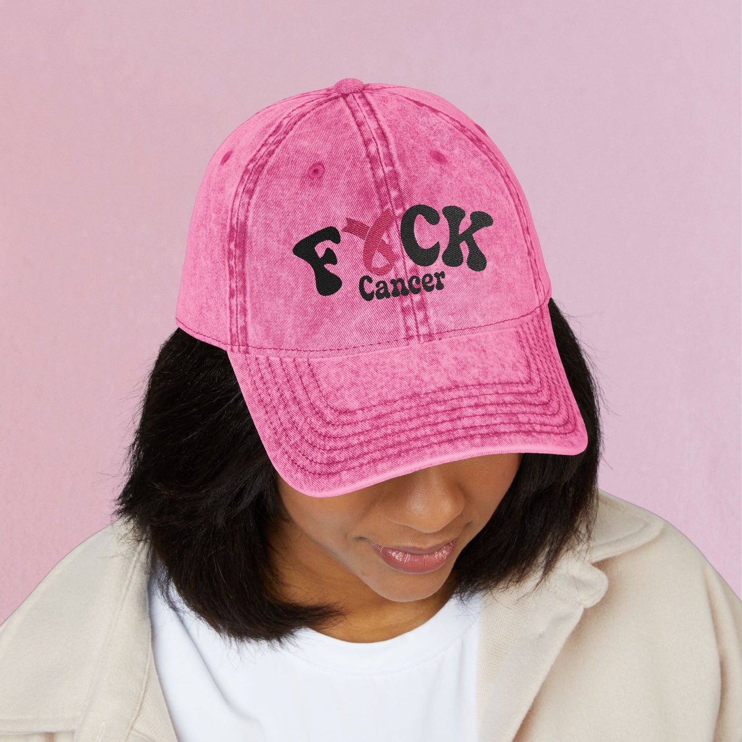Fuck Cancer Embroidered Breast Cancer Awareness Unisex Distressed Cap Gift Pink